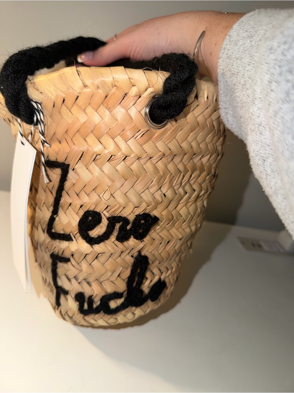 Nwt Poolside Woven Straw Bucket Bag With Black Rope Handles — image 2 of 6